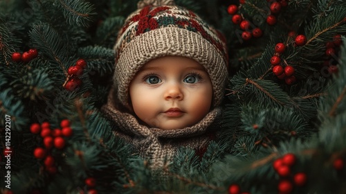 Adorable baby nestled in festive greenery. Perfect for Christmas cards, winter blogs, or holiday marketing.