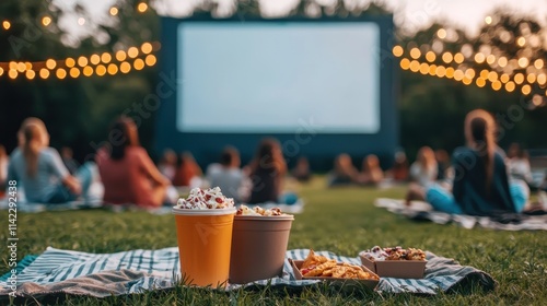 Community Focused. Outdoor movie setup with snacks and drinks on a blanket.