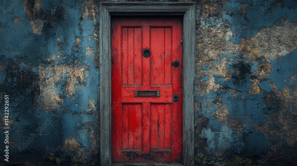 A weathered red door against a textured blue wall. A weathered red door against a textured blue wall.