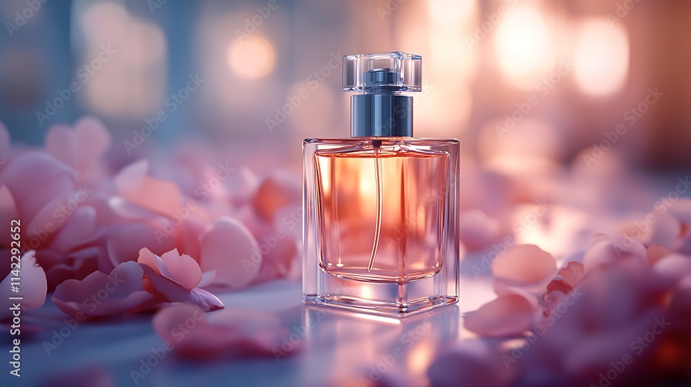Elegant Perfume Bottle Amidst Delicate Pink Petals Elegant Perfume Bottle Amidst Delicate Pink Petals