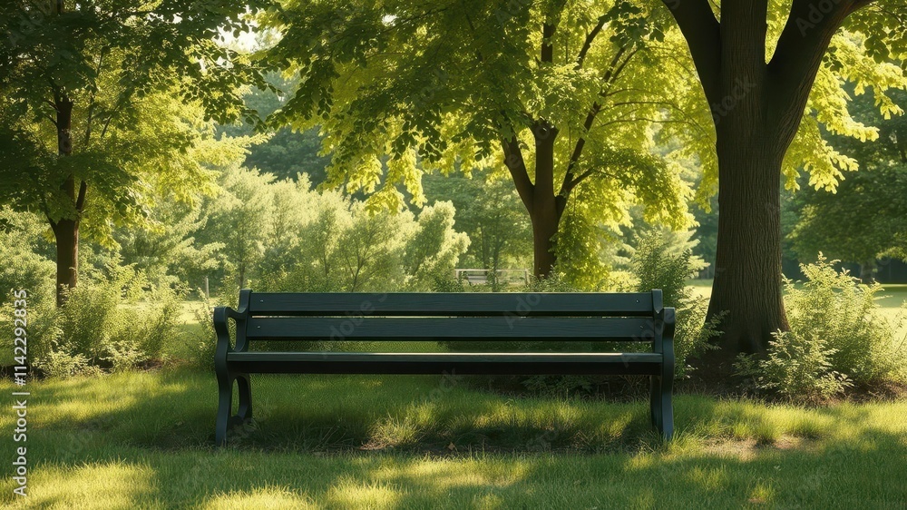 Sun-dappled park bench, lush greenery, peaceful,daylight Sun-dappled park bench, lush greenery, peaceful,daylight
