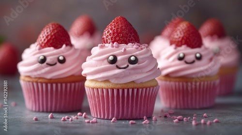 Cute strawberry cupcakes with kawaii faces and pink frosting are waiting to be eaten
