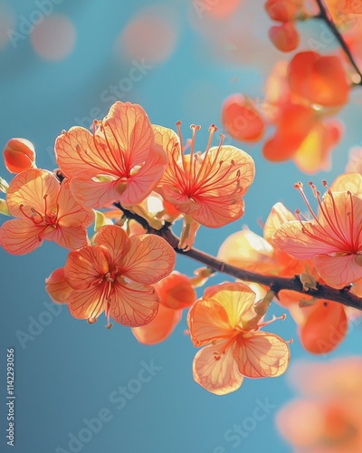 Delicate Blooming Peach Blossoms on a Branch Against Blue Background