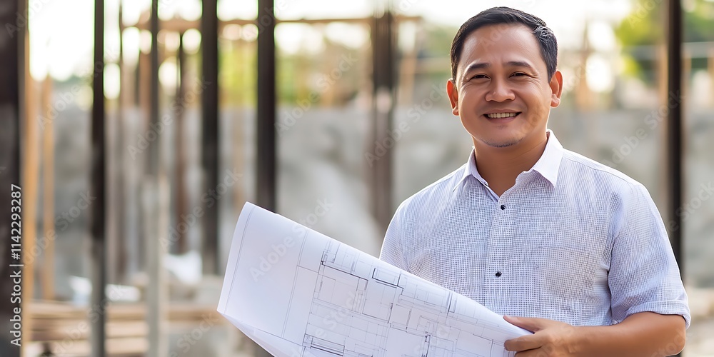 A Filipino male architect standing confidently in front of blueprints at a construction site, smiling