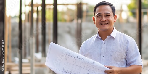 Obraz na płótnie A Filipino male architect standing confidently in front of blueprints at a construction site, smiling w salonie