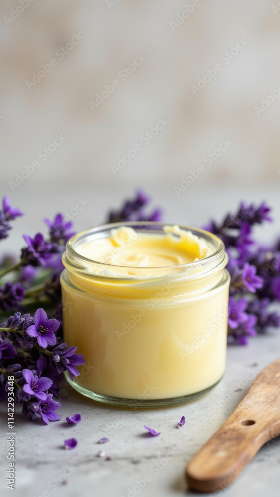 A jar of yellow-colored softened beef tallow with lavender flowers as a garnish, on a wooden cutting board. A jar of yellow-colored softened beef tallow with lavender flowers as a garnish, on a wooden cutting board.