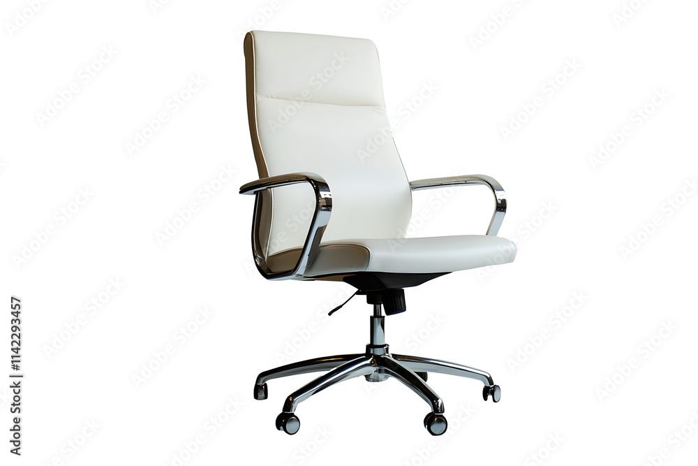 Empty office chair white leather luxurious senior executives for meeting room isolated on cut out PNG or transparent background. Decoration place in living room. Modern interior decoration. Empty office chair white leather luxurious senior executives for meeting room isolated on cut out PNG or transparent background. Decoration place in living room. Modern interior decoration.