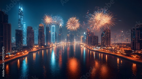 fireworks over the river in the city