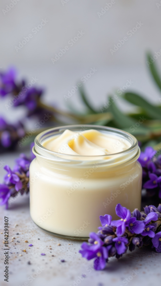 A jar of creamy yellow beef tallow with lavender buds around it. A jar of creamy yellow beef tallow with lavender buds around it.