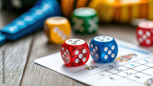 Colorful dice and score sheet for fun math game setup on wooden table
