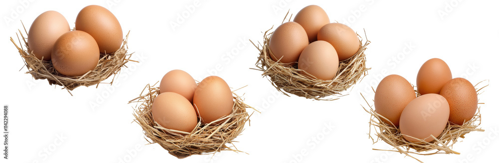 Set of brown eggs in straw nests isolated on transparent background Set of brown eggs in straw nests isolated on transparent background