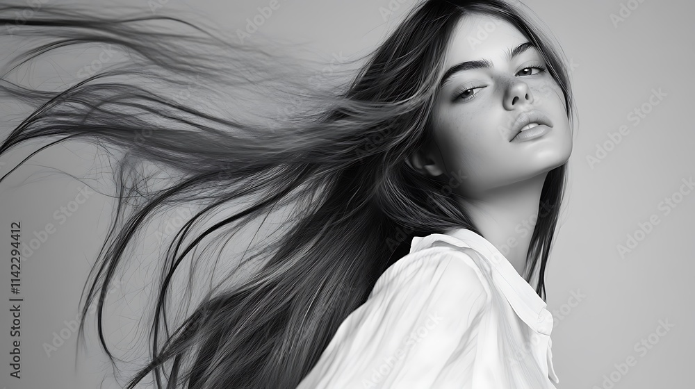 A female model with long flowing hair in a minimalist studio, wearing a white dress