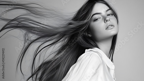 Obraz na płótnie A female model with long flowing hair in a minimalist studio, wearing a white dress w salonie