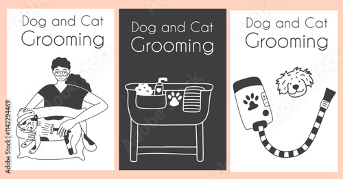 Dog and cat grooming vector design posters set. Caring for the domestic animals. Pet grooming.