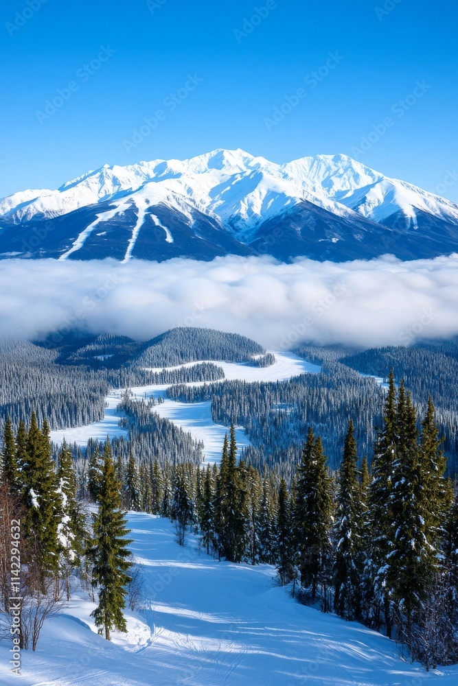 Stunning mountaintop view of a snow-covered landscape with majestic peaks and lush evergreen trees under a clear blue sky. Generative AI Stunning mountaintop view of a snow-covered landscape with majestic peaks and lush evergreen trees under a clear blue sky. Generative AI