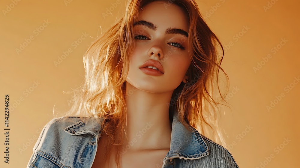 Female model in a casual denim jacket and top, standing with relaxed confidence