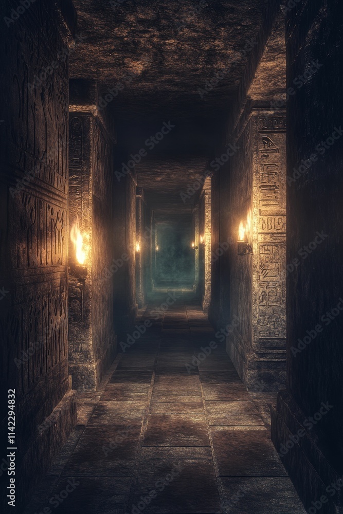 Fototapeta premium Ancient stone corridor, dimly lit, carvings on walls.