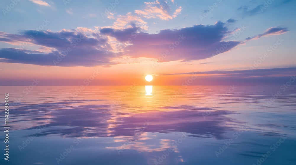 Fototapeta premium Serene Sunset Over Calm Ocean Waters with Colorful Skies and Soft Clouds Reflecting on Tranquil Surface Against a Peaceful Horizon at Dusk