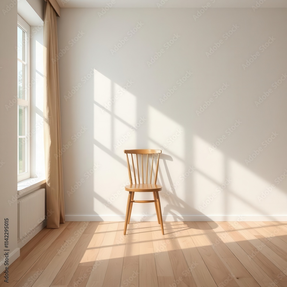 Fototapeta premium Minimalist empty room with wooden chair, bright sunlight streaming through large windows