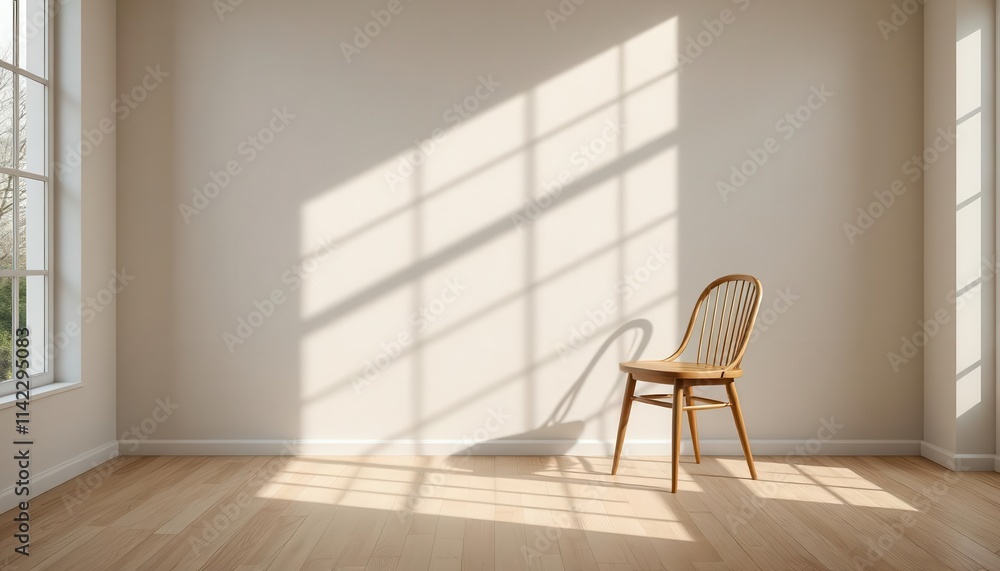 Minimalist empty room with wooden chair, bright sunlight streaming through large windows Minimalist empty room with wooden chair, bright sunlight streaming through large windows