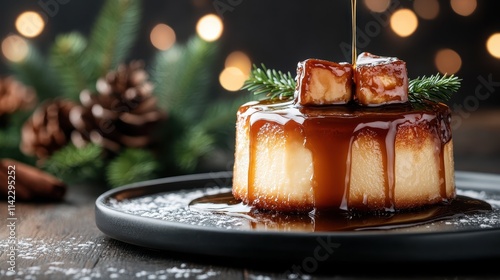 A festive scene with a caramelized flan drizzled in syrup, topped with wintergreen decor, placed on a black plate alongside twinkling lights, radiating warmth and holiday vibes. photo