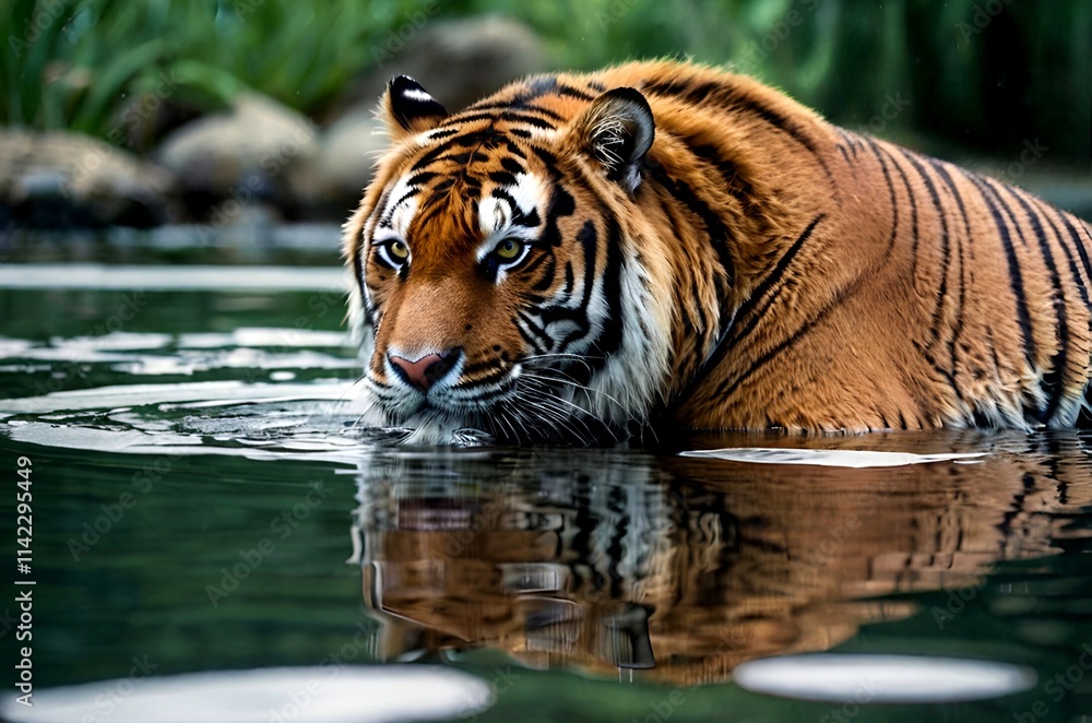Naklejka premium Captivating image of a tiger, a creature of mystery and allure, as it emerges from the depths of the lake.
