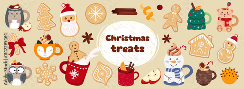 Christmas treats and drinks in cute cups. Set of cute mugs in the shape of animals and Gingerbread Cookies. 