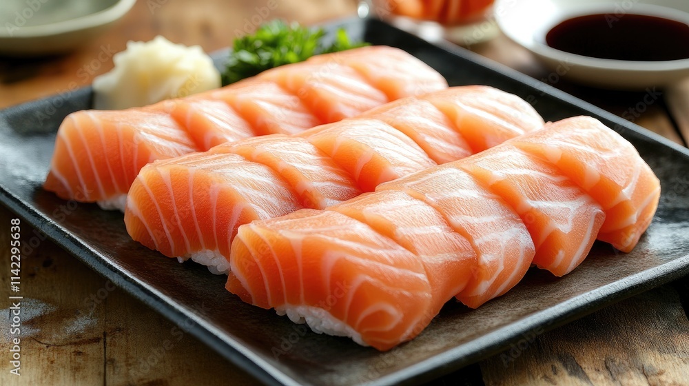 Close-up of a beautifully plated sushi assortment, featuring fresh salmon, tuna, and shrimp, with wasabi, pickled ginger, and soy sauce on the side.