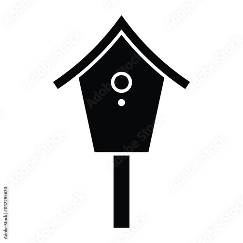 Bird house vector icon. Birdhouse symbol for outdoor decor, nature themes, and wildlife design. Black silhouette isolated on white background.