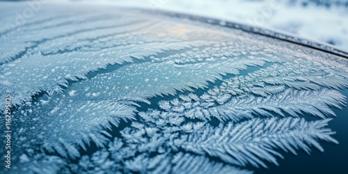 Frozen texture covering the surface of a car roof, showcasing intricate patterns and frost details. This frozen texture adds a unique visual appeal to the vehicle s exterior during winter. photo