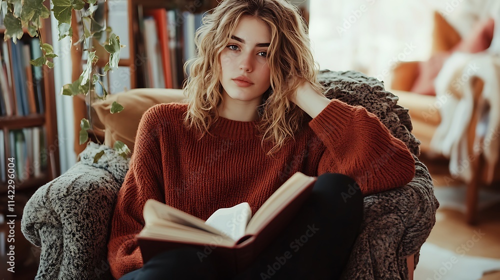 A female model wearing a sweater, sitting on a cozy chair with a book in hand