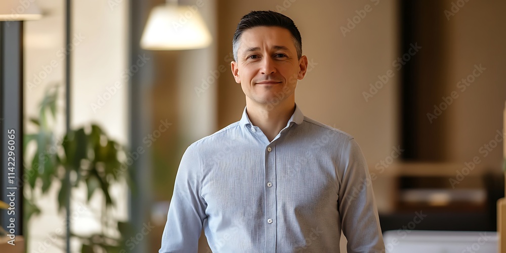 Portrait of a male counselor standing confidently in a therapy office, preparing to meet with a client, with copy space