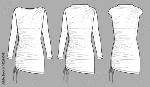 Vector mini party dress with drawstring fashion CAD, woman sleeveless night dress technical drawing, template, sketch, flat, mock up. Jersey or woven fabric 3 pieces set with front view, white color