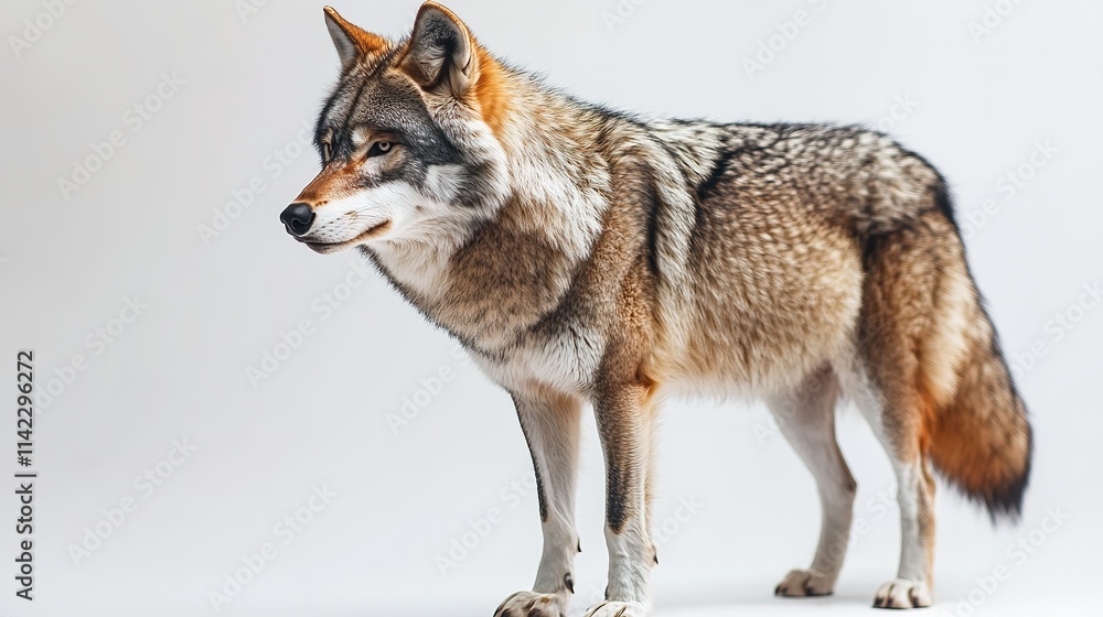 Alert wolf standing isolated on light background, focus on detail. Alert wolf standing isolated on light background, focus on detail.