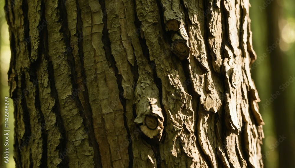 Close-up of rough bark with soft shadows of a blurred forest Close-up of rough bark with soft shadows of a blurred forest