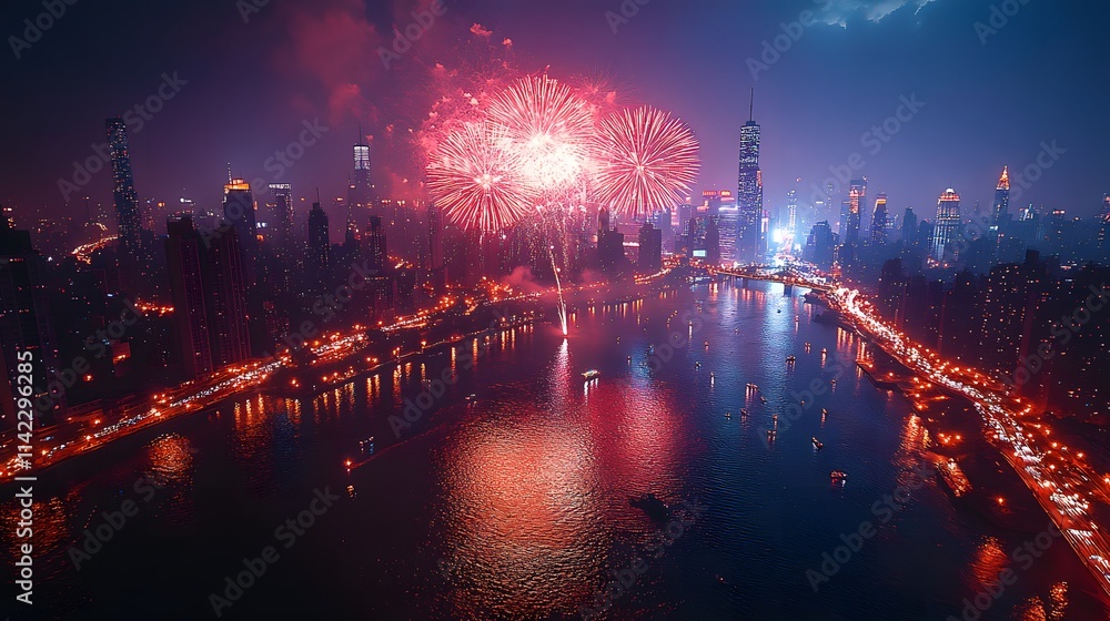 Fototapeta premium fireworks over the river in the city