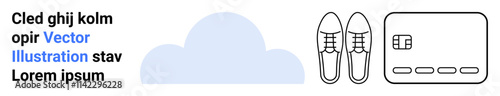 Cloud icon beside text, outlined shoes, and a credit card. Ideal for technology, fashion, e-commerce, finance, cloud services digital transactions data storage themes. Landing page