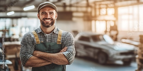 Portrait of a male mechanic standing proudly in an auto repair shop, ready to work on a car, smiling