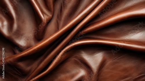 A close-up view of luxurious brown leather fabric, showcasing its smooth texture and elegant folds, making it ideal for fashion and interior design themes.