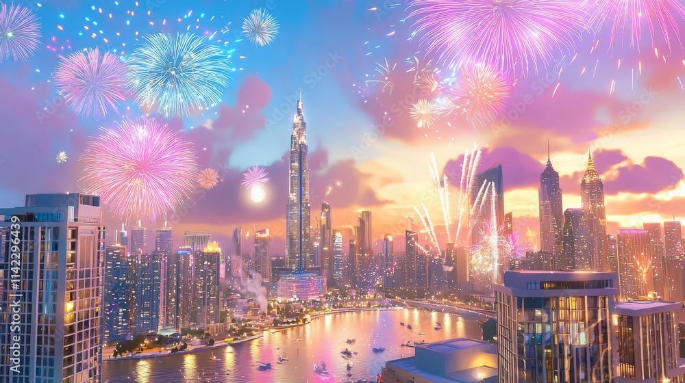 Obraz premium New year 2025 celebration nightlife. A vibrant city skyline illuminated by colorful fireworks against a sunset backdrop, reflecting in the water below.