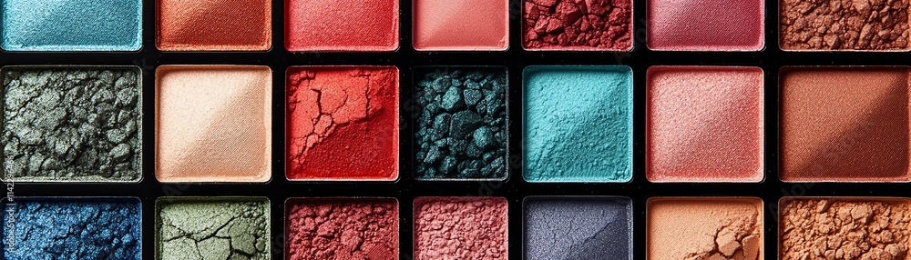 Fototapeta premium bright red, blue, and green eyeshadow shades in a grid pattern, set on a soft neutral background, bold and vibrant colors, makeup palette, beauty trends, stunning design