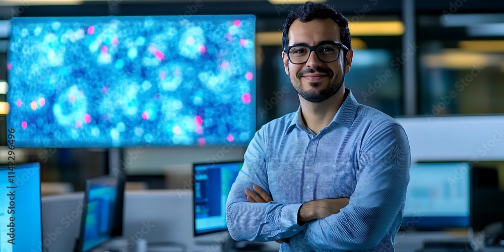 Male data analyst in a high tech office, analyzing complex data with copy space