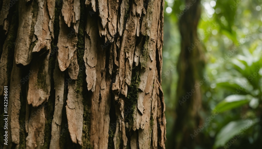 Close-up of rough tree bark with soft, blurred jungle backdrop