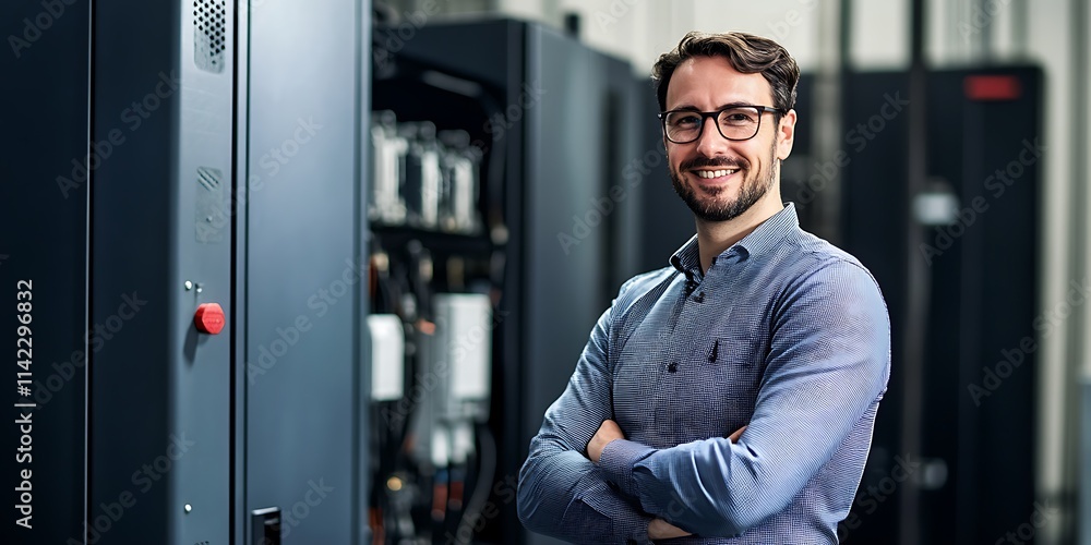 Portrait of a male engineer standing confidently in front of an electrical generator, overseeing installation, with a smile and copy space