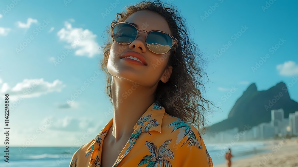 Brazilian female model in a casual shirt, relaxing on the beaches of Rio