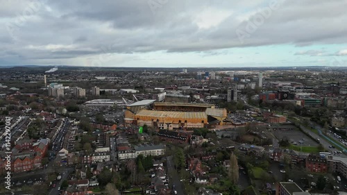4k drone footage of Molineux stadium, the home of Wolverhampton Wanderers FC in the West Midlands, UK