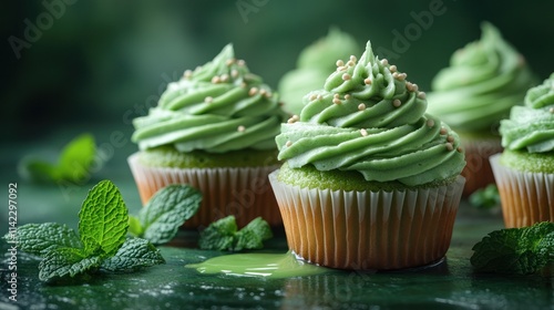 Four delicious mint cupcakes with green frosting and sprinkles. photo