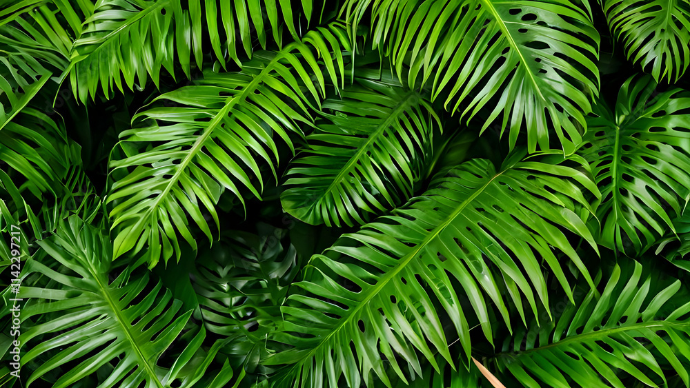 Fototapeta premium Close-up tropical green leaves background. Fresh and flat wallpaper banner concept 
