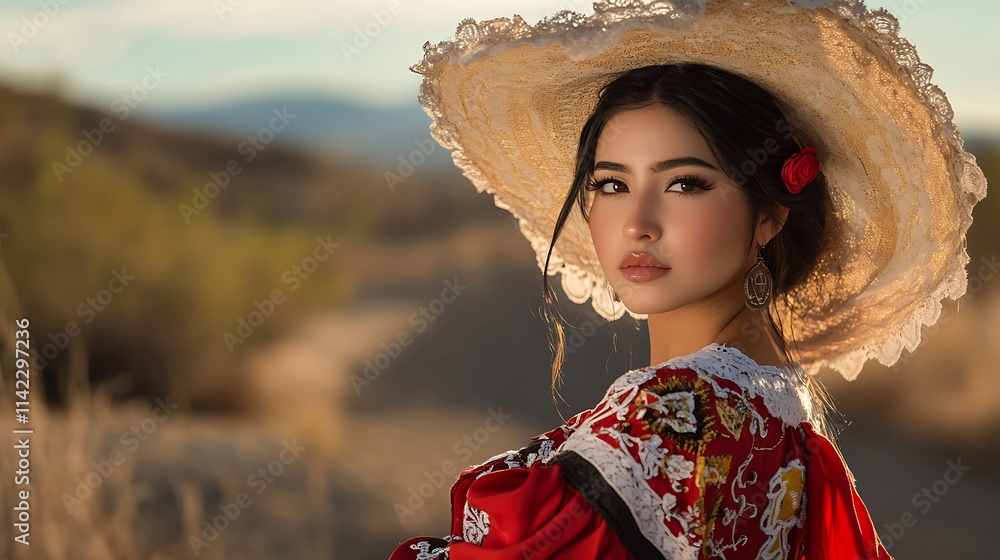 A Mexican female model in a traditional charro outfit, posing against a desert backdrop