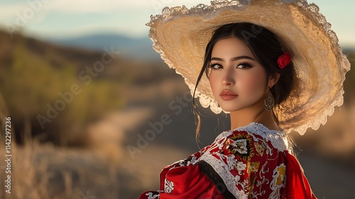 Obraz na płótnie A Mexican female model in a traditional charro outfit, posing against a desert backdrop w salonie